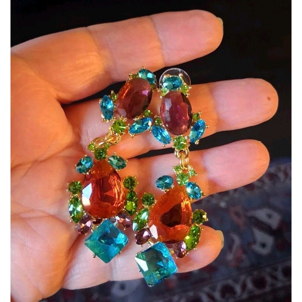 Earrings Faux Gemstone Goldtone Ornate 2" Sparkly Multicolor Statement Pierced